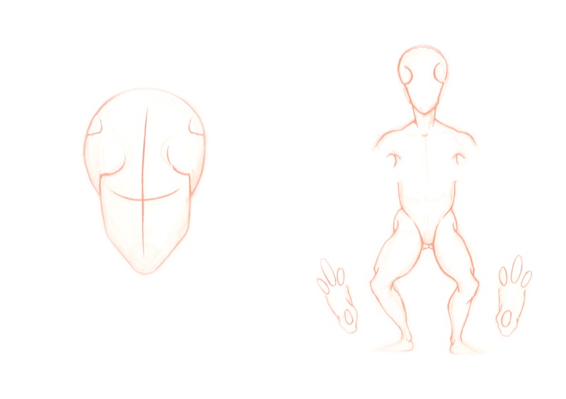 Blank cryptid character sheet in salmon pencil: an empty bug-eyed insect head on the left, and a skinny figure with frog legs and floating three-fingered hands on the right, waiting to be filled in.
