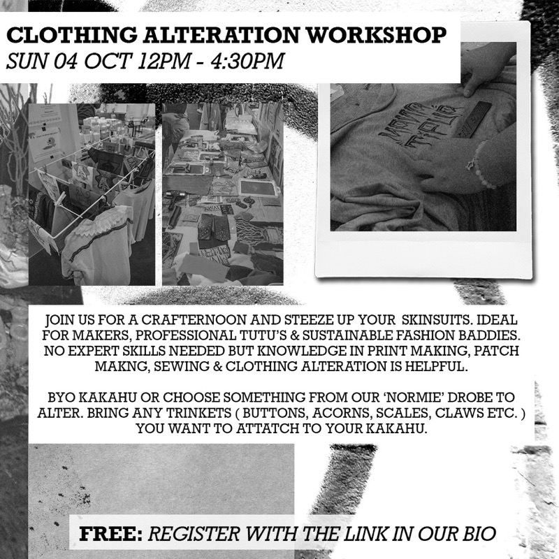 Clothing Alteration Workshop flyer, Sun 04 Oct, in black and white: a drying rack of altered clothes, a table covered in lino prints and patches, and a polaroid of hands block-printing a tee. Text: free, register.