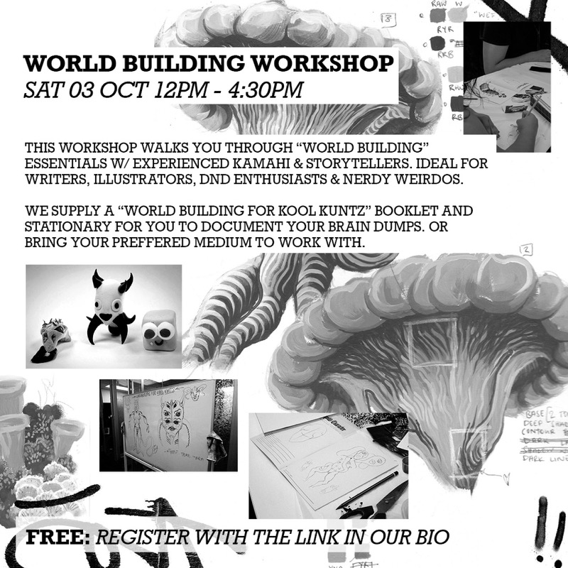 World Building Workshop flyer, Sat 03 Oct, in black and white: clay cryptid figures, a whiteboard of creature sketches and a sketchbook, over a painted mushroom. Text: free, register.