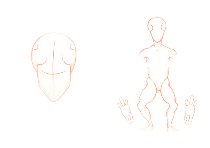 A blank cryptid character sheet in salmon pencil: a bug-eyed insectoid head, a skinny figure with frog legs, and two floating three-fingered hands