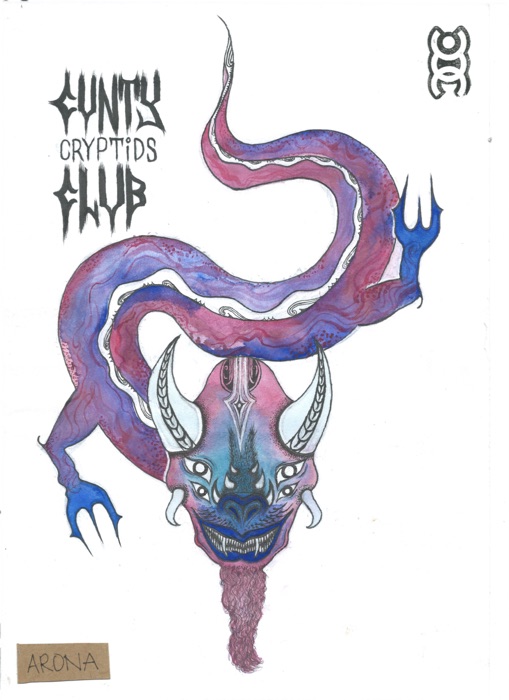 The Arona card: a magenta, violet and cobalt watercolour serpent with a koru-lined belly, blue three-pronged claws, white ridged horns, four eyes and a long pink beard, under hand-lettered Cryptids Club lettering and a CCC stamp