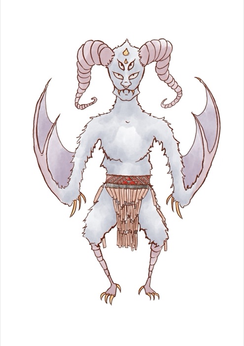 Kanikani Kingi: a lilac-grey furry cryptid with coiled ram horns, four eyes, bat wings on the arms, gold talons, bird legs, a taaniko belt and a piupiu skirt