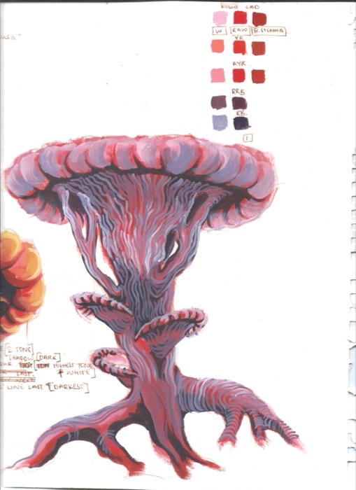 A gouache mushroom-tree creature with a pink scalloped cap, ribbed violet trunk and clawed root-feet, beside a grid of paint swatches