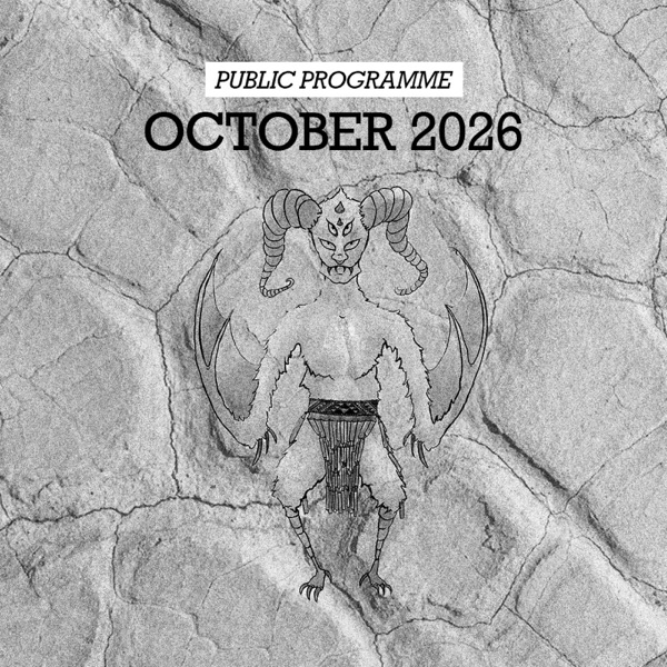 Kanikani Kingi, a ram-horned, bat-winged cryptid, drawn in grey on cracked stone under the words Public Programme October 2026